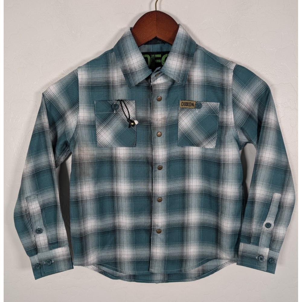 Dixxon Flannel Shirt Boys Youth Small DFC Green White Plaid Long Sleeve‎ Pockets